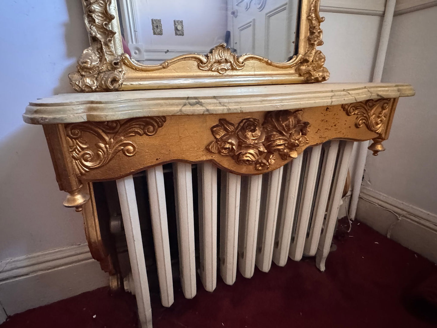 Monumental Antique French Rococo Gilt Pier Mirror With Faux Marble Top Console Shelf