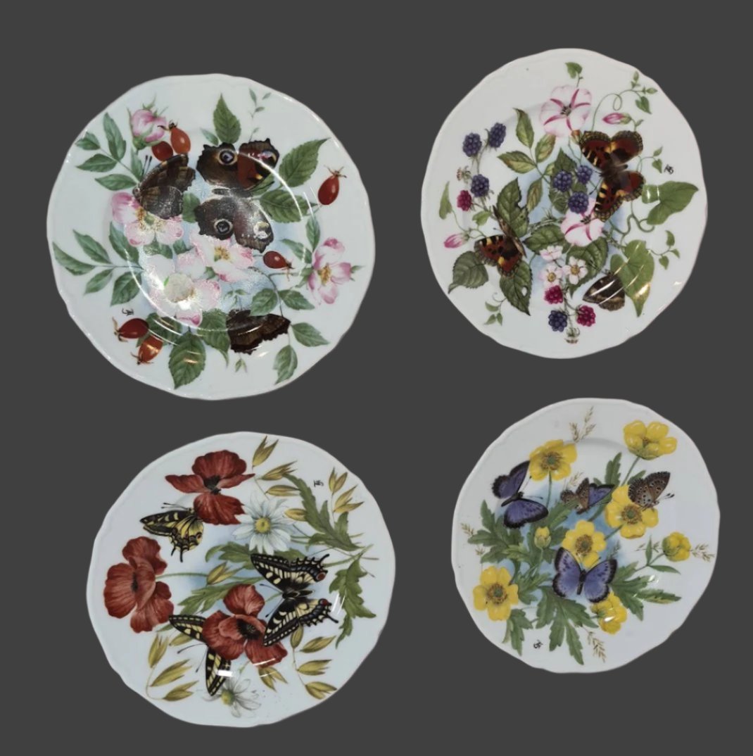 Rare Handpainted Vintage Rochard Limoges France, Butterfly Plates, Appetizer, Salad, Dessert Plate 7 1/2"