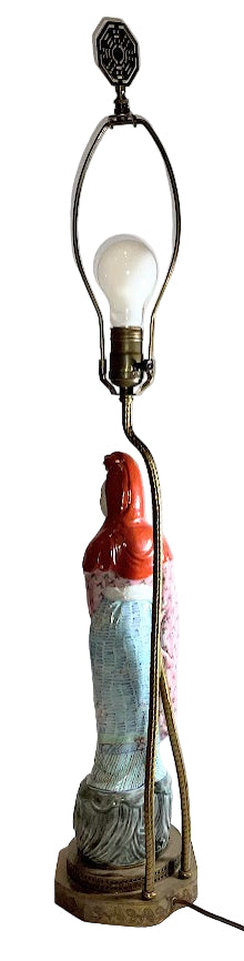 Vintage Quan Yin Chinese Porcelain Figural Table Lamp, Famille Rose, 1950s