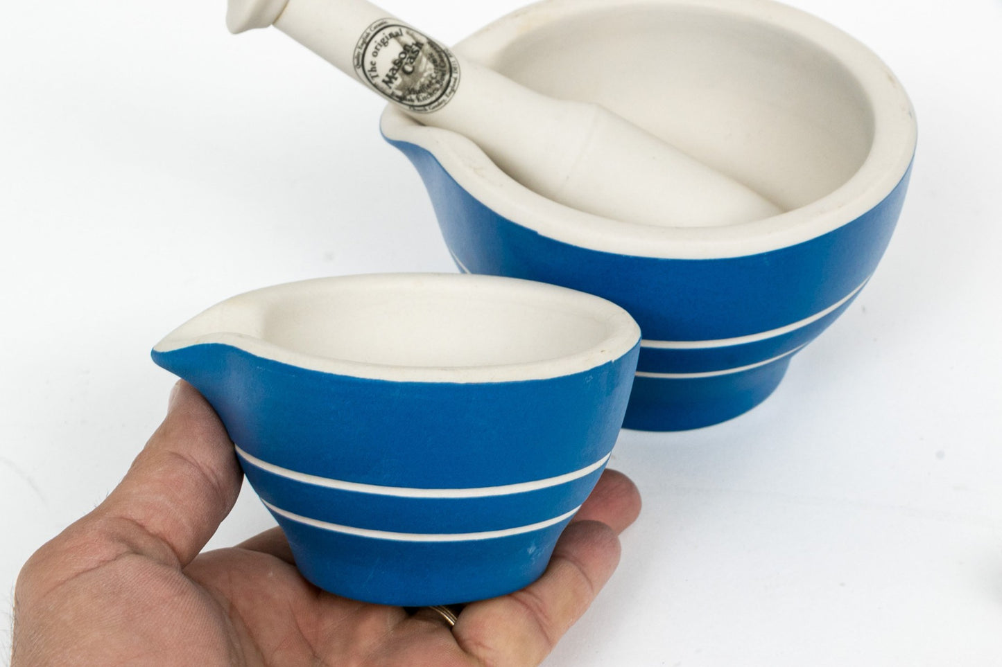Two Unused Fine Graduated Mason Cash English Ceramic Mortars And Pestles