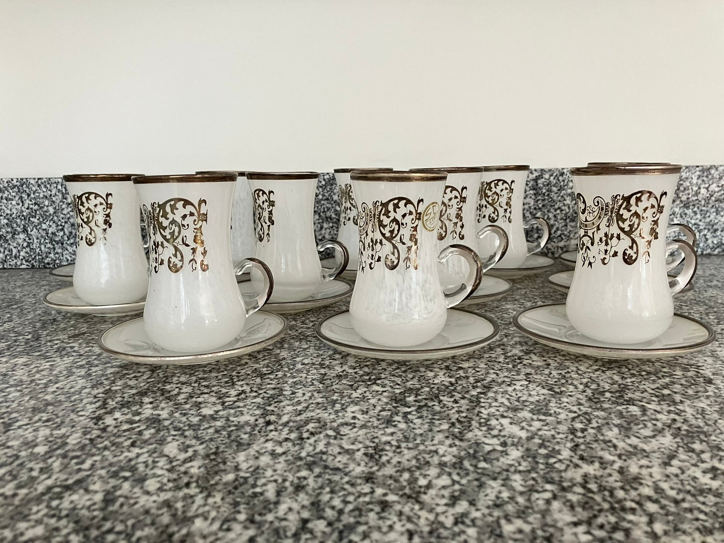 Rare magnificent Italian Silver Leaf Adorned Hand Blown Demitasse Cups By Same Cristallerie - 12 pcs