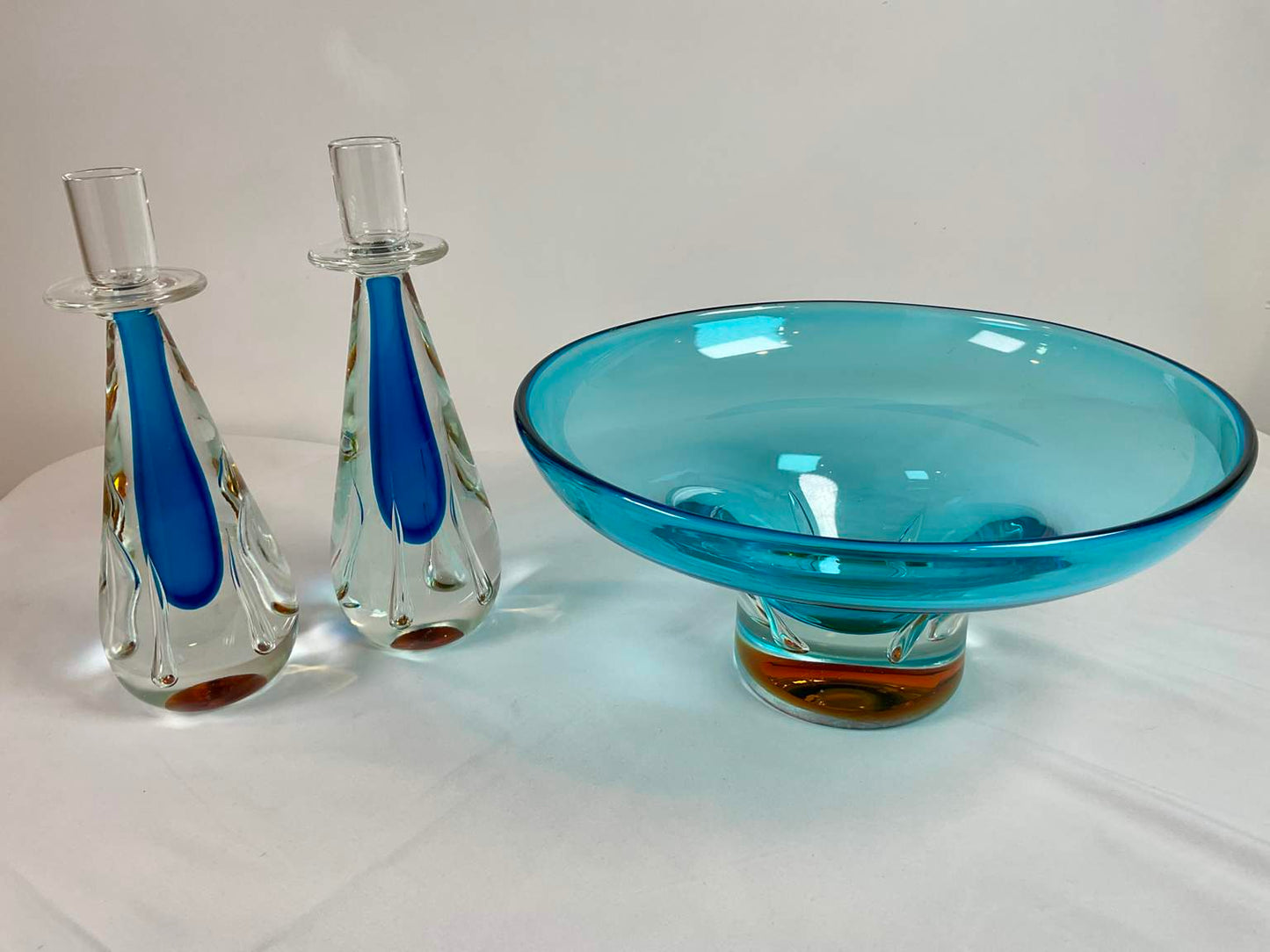 Italian Art Glass Bowl and Candlesticks (3 Pieces)