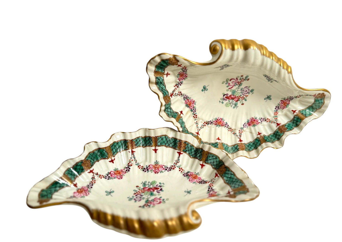 Pair Of French Porcelain De Paris Floral Decorated Shell Dishes