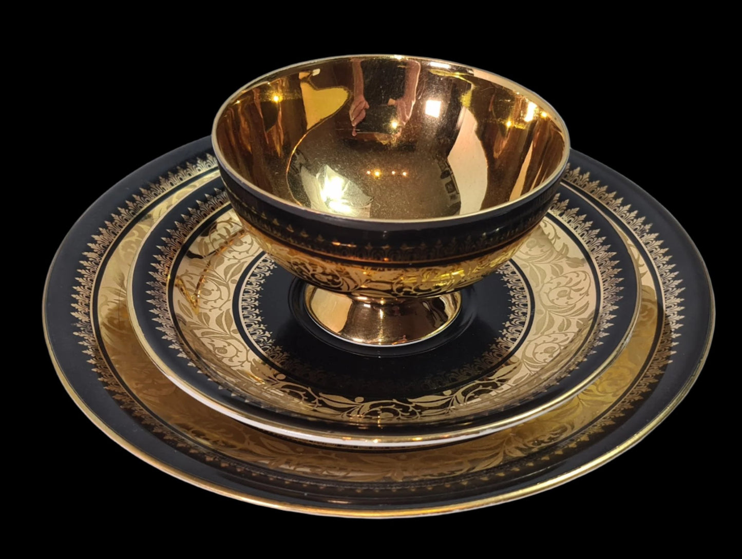 Rare RW Rudolf Wachter Bavaria Black &amp; Gold #6771 Tea Cup Saucer Trio