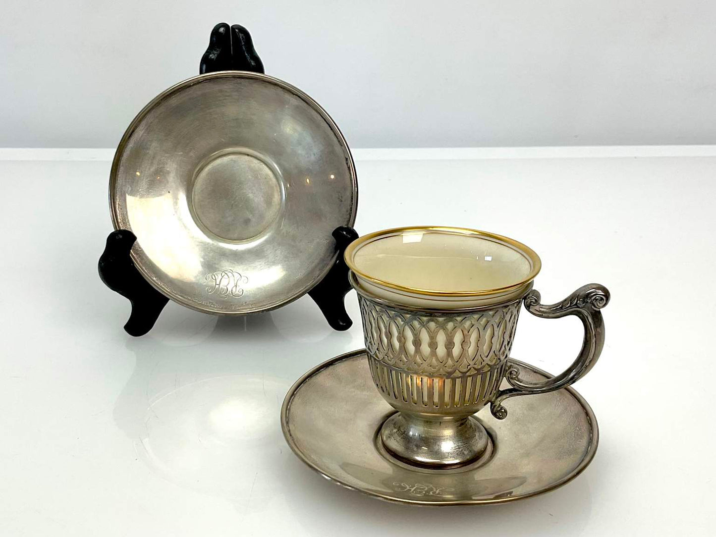 Vintage Sterling Silver Tiffany Set of Pierced Demitasse Cup with Lenox White China Liners