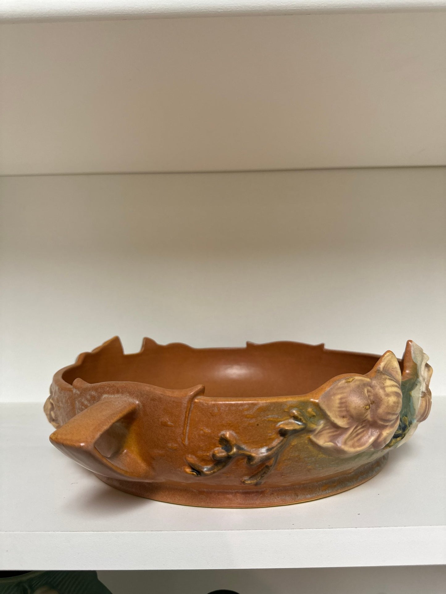 Roseville Brown Magnolia with White & Pink Flowers #450-10" Two Handle Art Pottery Console Bowl
