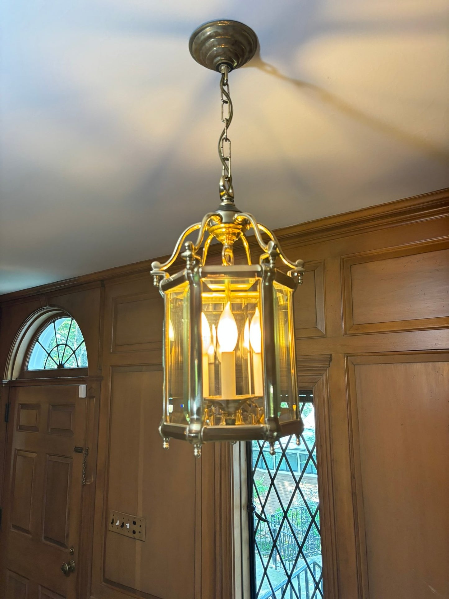 Antique Brass Hexagon Beveled Glass Hall Lantern, Late 1800 - Early 1900