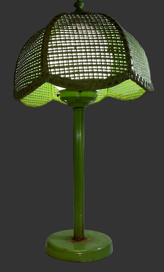 Vintage Tulip Lime Green Wicker Table-Nightstand Lamp MCM