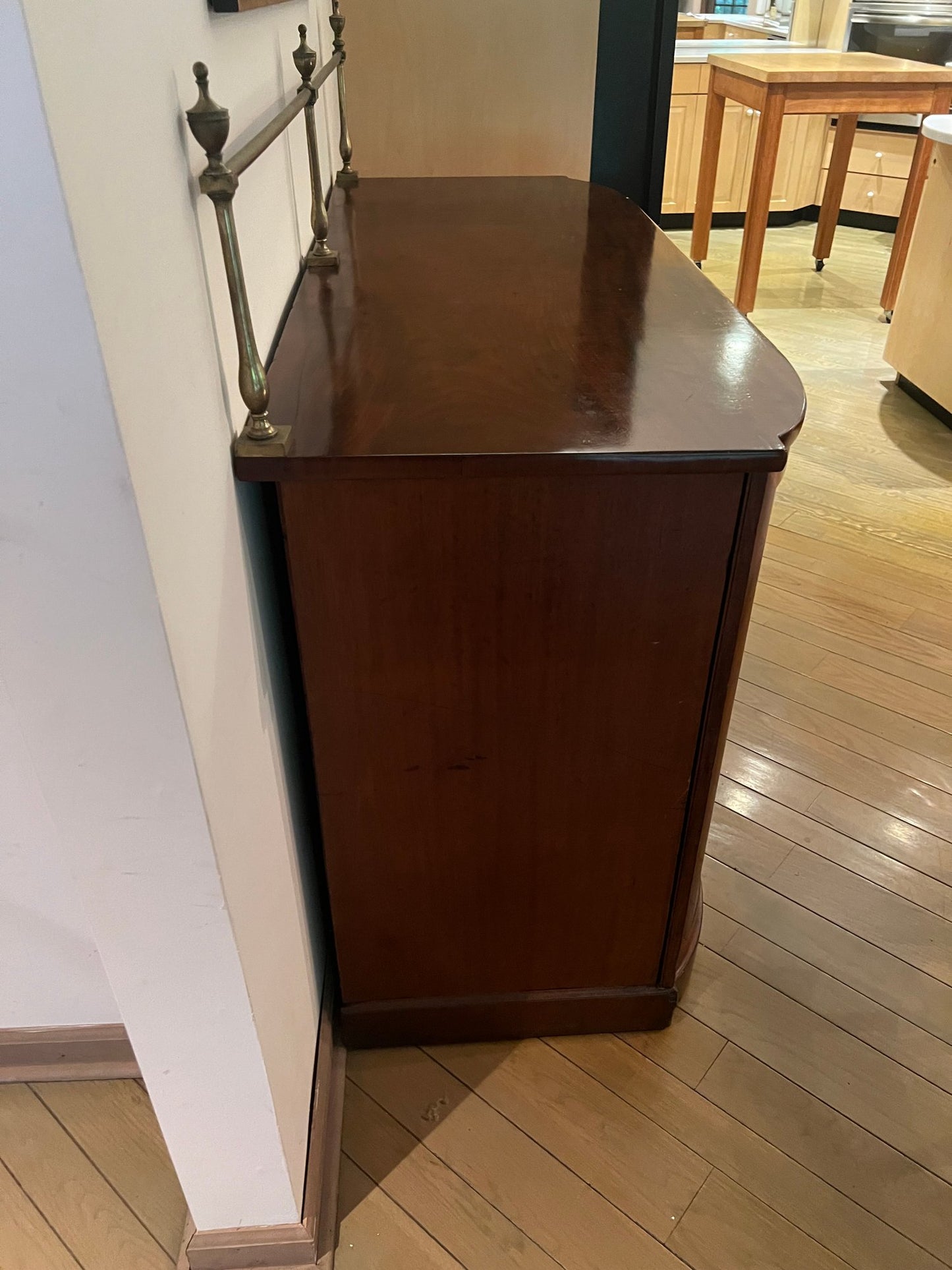 Vintage Mahogany Sideboard with high brass gallery rail and recessed center cabinet