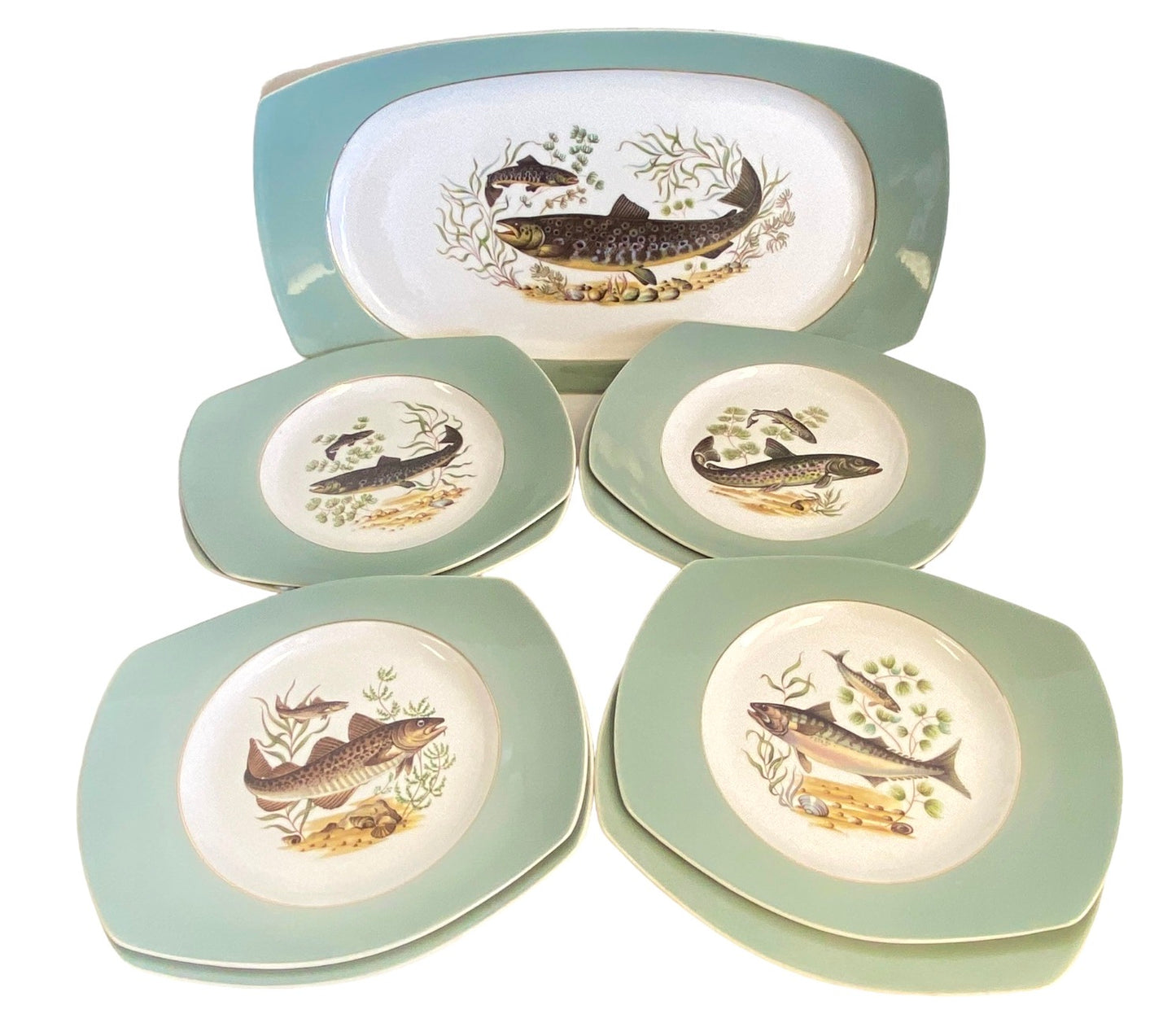 Mid Century Figgjo Flint Norwegian Fish Platter And Eight Plates