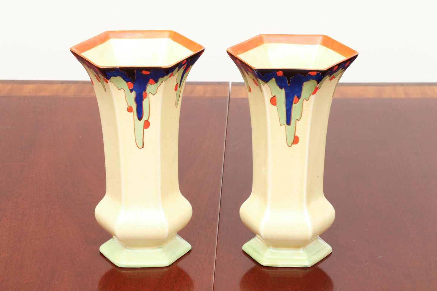 PAIR OF DORA TENNANT ENGLISH ART DECO PERIOD HEXAGONAL CERAMIC GLAZED VASES