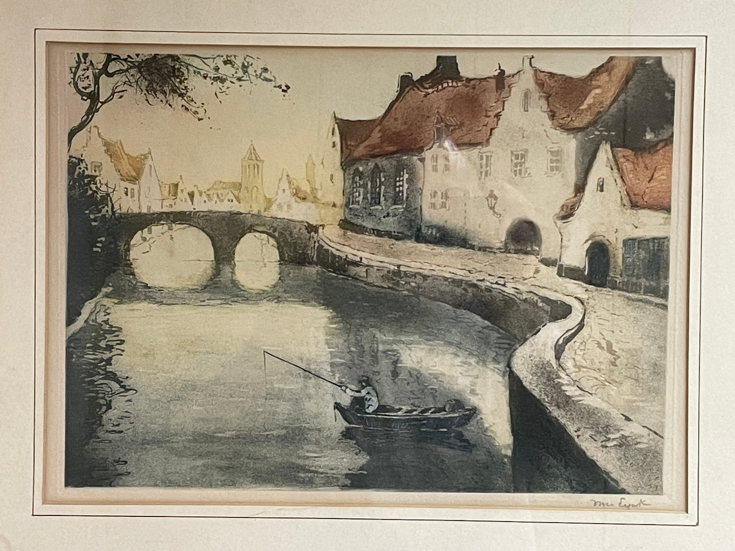 Houses By The River Bank, Etching, Signed Van Eyck.