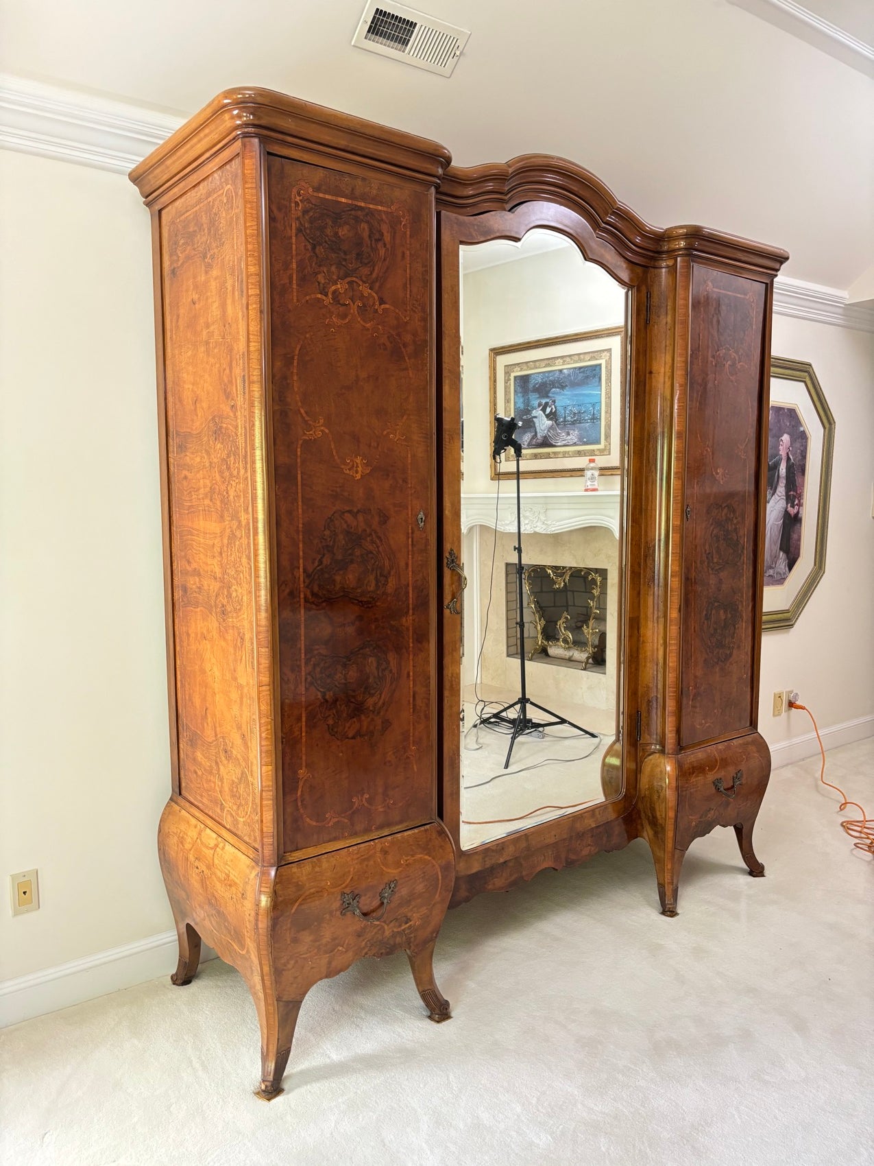 Late 19th Century Italian Bombe Form Inlaid Walnut Wardrobe Cabinet