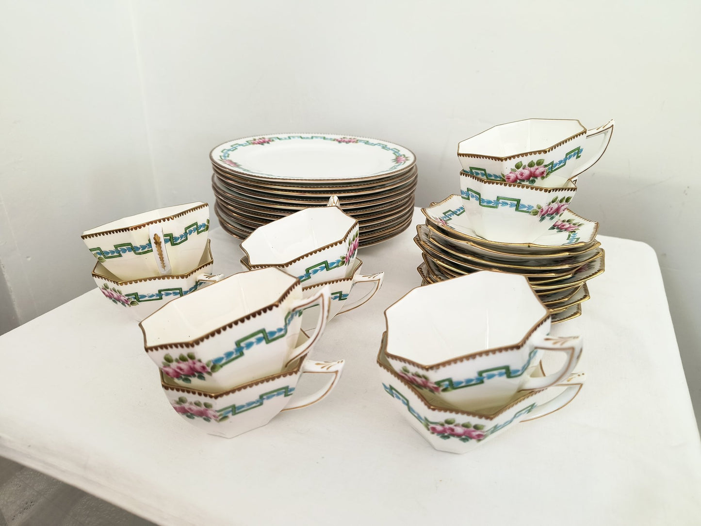 Rare Handpainted English Antique Tea Cup And Dessert Plates Set, Wileman Foley China