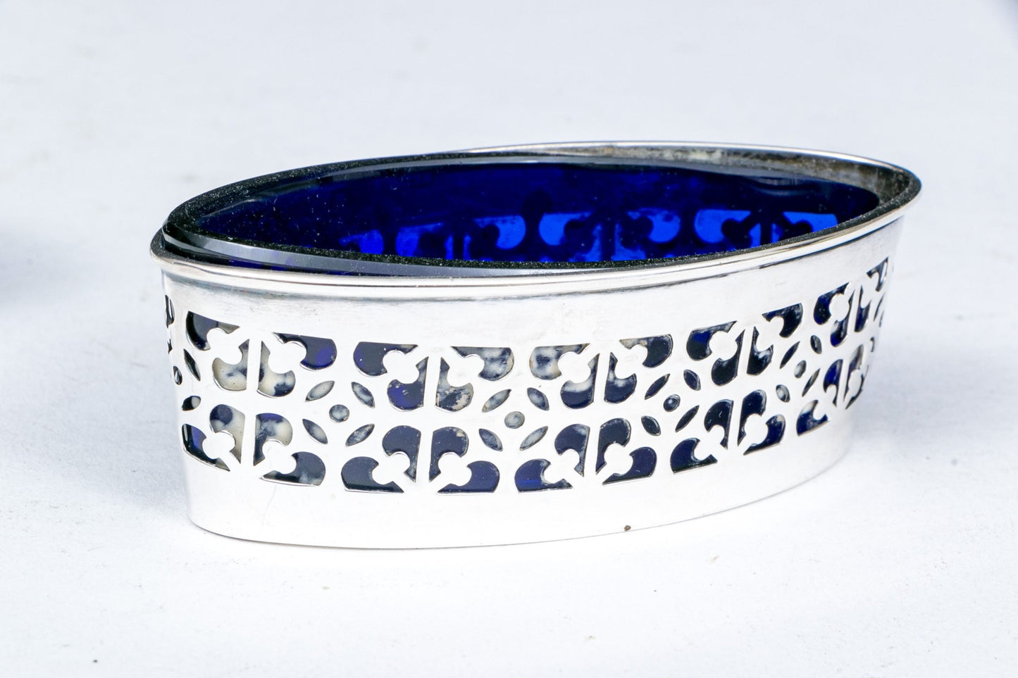 Oval Salt Cellars With Cobalt Liners and Salt Spoons, Set of 2,  2.535 OZT, Weighable Sterling