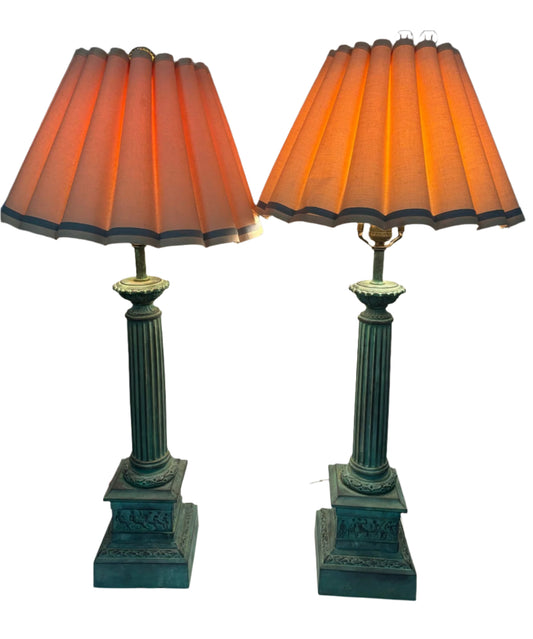 Vintage Pair Of Bronze Tall Table Lamps With Nice Shades