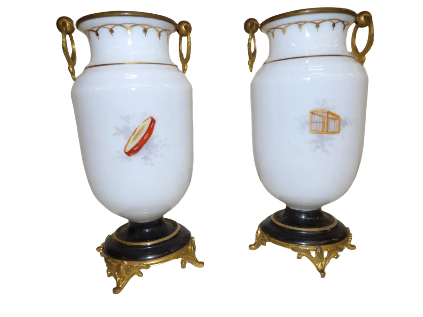 Pair French Opaline Decorated Glass Brass Mounted Vases With Hand Painted Decoration