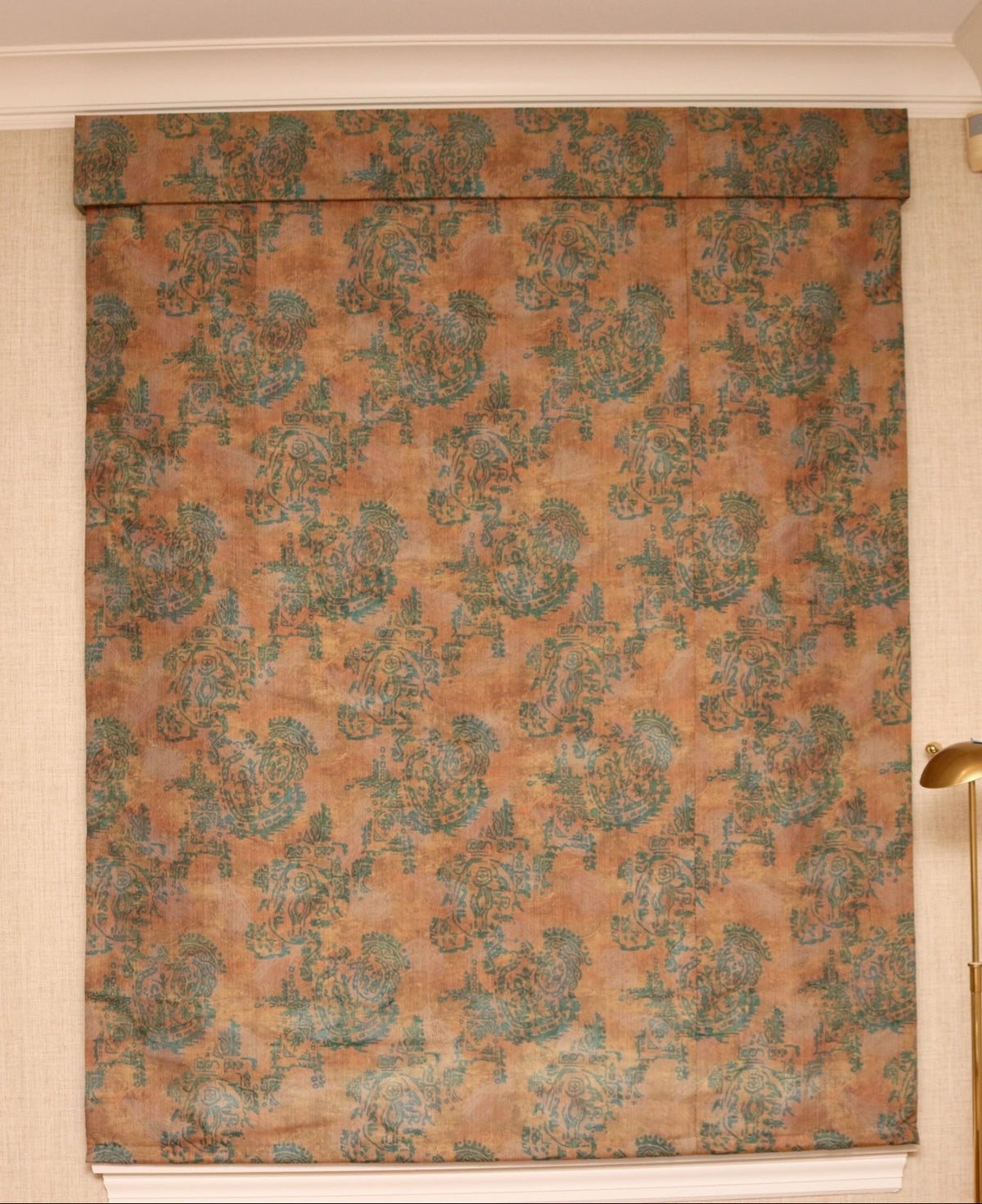 Custom Silk Jacquard Roman Shades & Upholstered Cornices (Pair), Attributed to Old World Weavers / Scalamandré, 63" W × 80" H