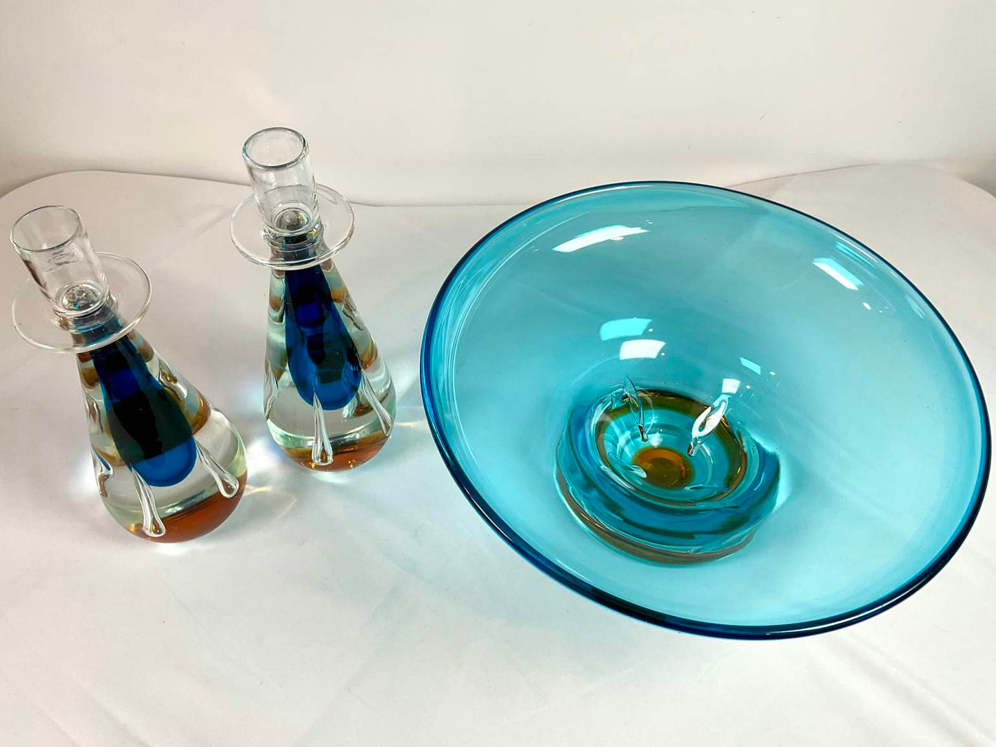 Italian Art Glass Bowl and Candlesticks (3 Pieces)