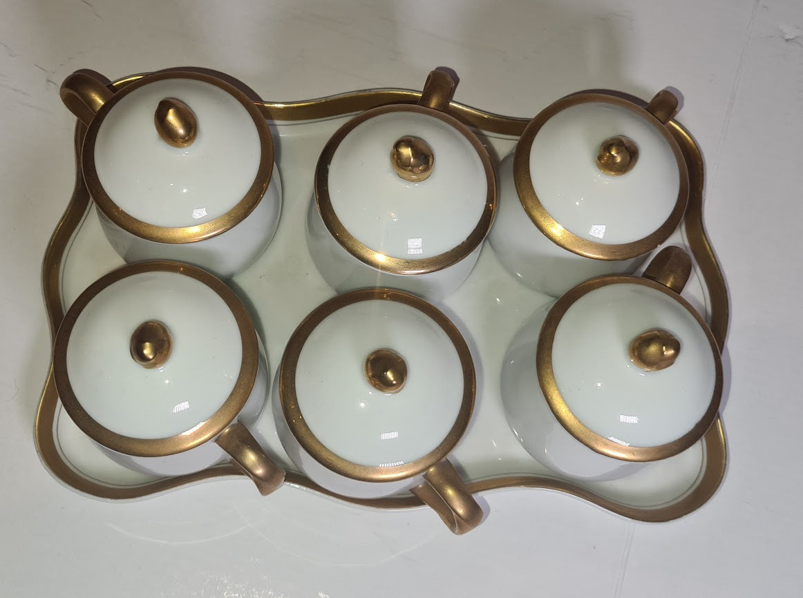 Fitz & Floyd Pots De Creme with tray, gold on white