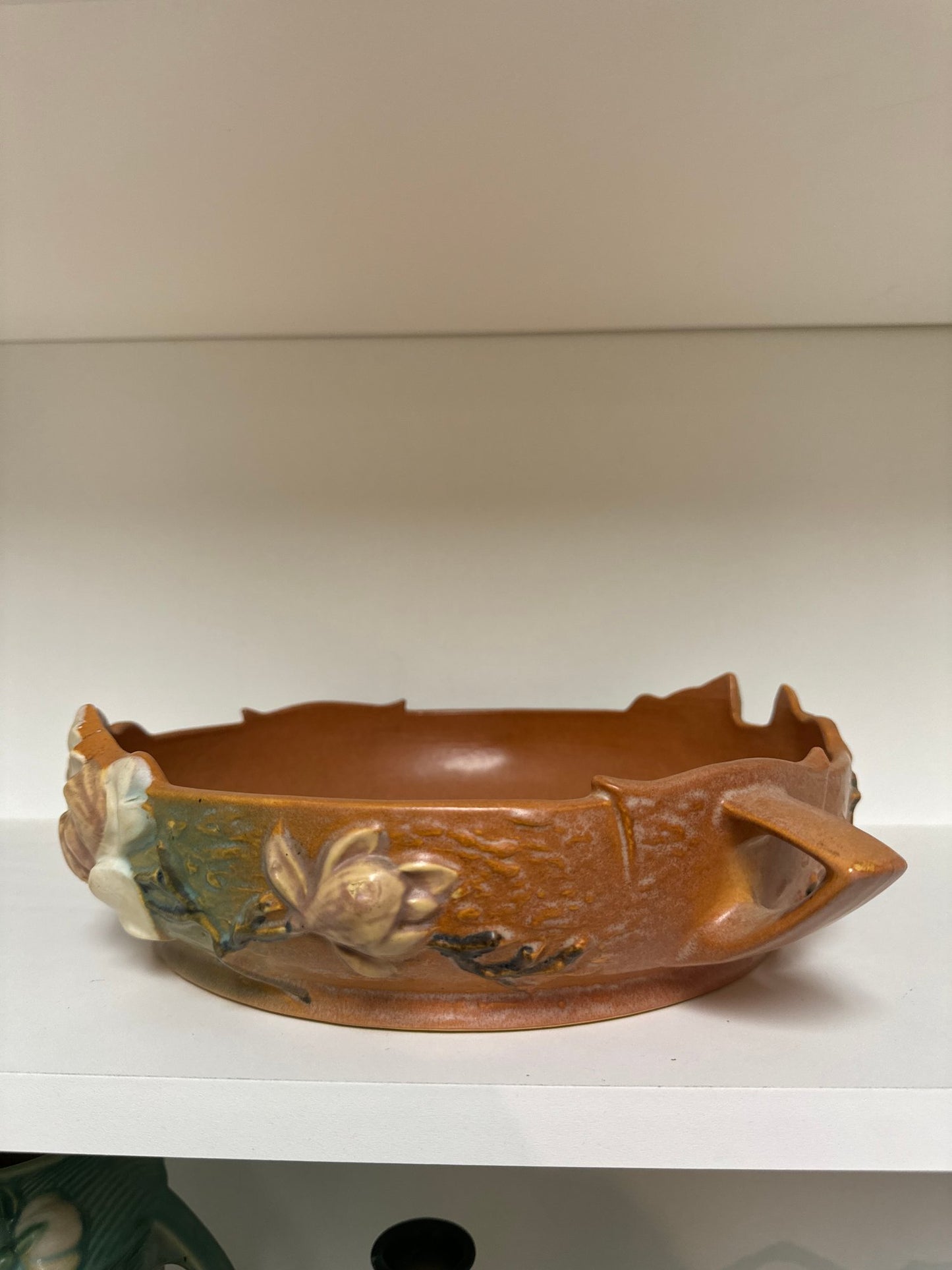 Roseville Brown Magnolia with White & Pink Flowers #450-10" Two Handle Art Pottery Console Bowl