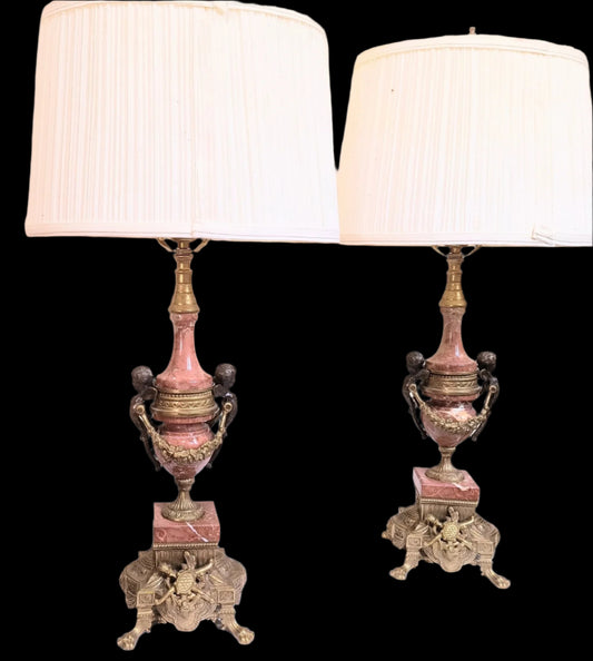 Stunning Vintage Italian Brevettato Table Lamps In A Dark Rose Colored Marble