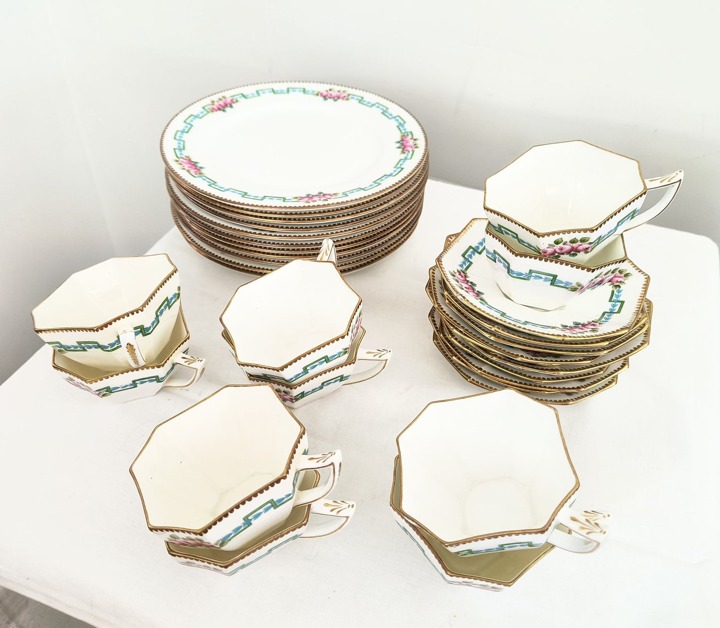 Rare Handpainted English Antique Tea Cup And Dessert Plates Set, Wileman Foley China