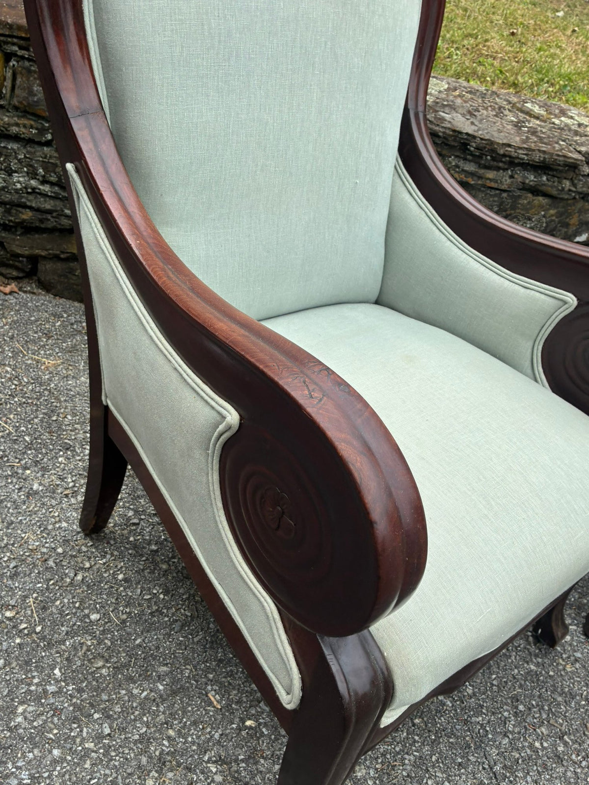 A Pair of Antique American Classical Empire Mahogany Armchair with Carved Rosette Scroll Arms, circa 1830–1850