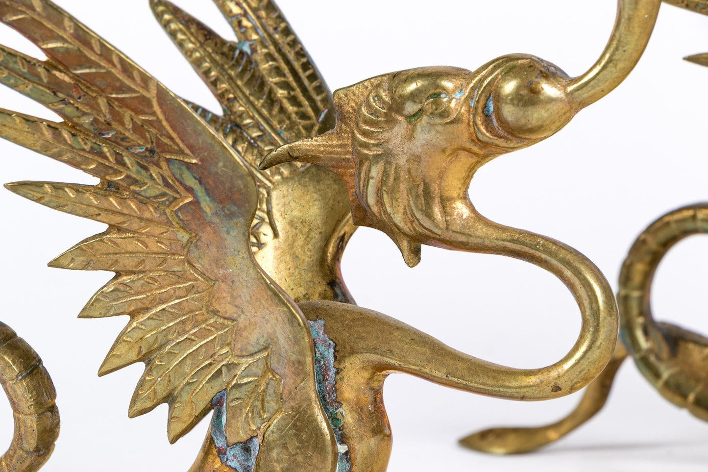 Rare Pair Of Antique Brass Mythical Beast Form Candlesticks