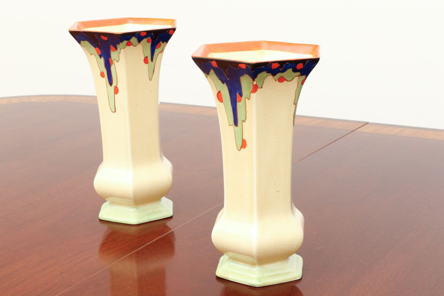 PAIR OF DORA TENNANT ENGLISH ART DECO PERIOD HEXAGONAL CERAMIC GLAZED VASES