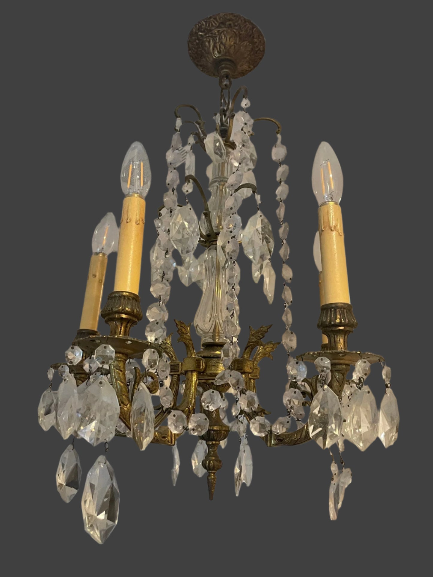 Antique Four Arms, Guilted Brass And Crystals French Style Chandelier
