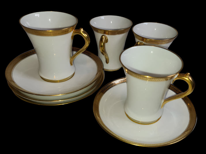 Elegant GDA France - CH Field Haviland Limoges Four Demitasse Cups and Saucers with Gold Trim, c. 1990