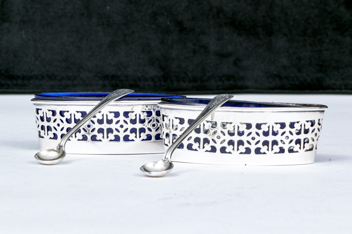 Oval Salt Cellars With Cobalt Liners and Salt Spoons, Set of 2,  2.535 OZT, Weighable Sterling