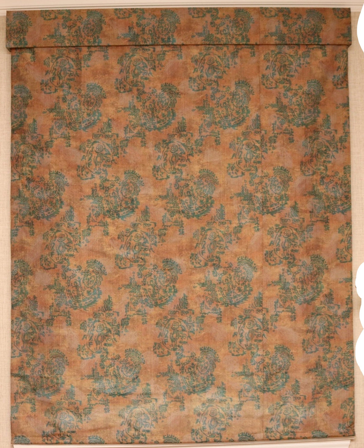 Custom Silk Jacquard Roman Shades & Upholstered Cornices (Pair), Attributed to Old World Weavers / Scalamandré, 63" W × 80" H
