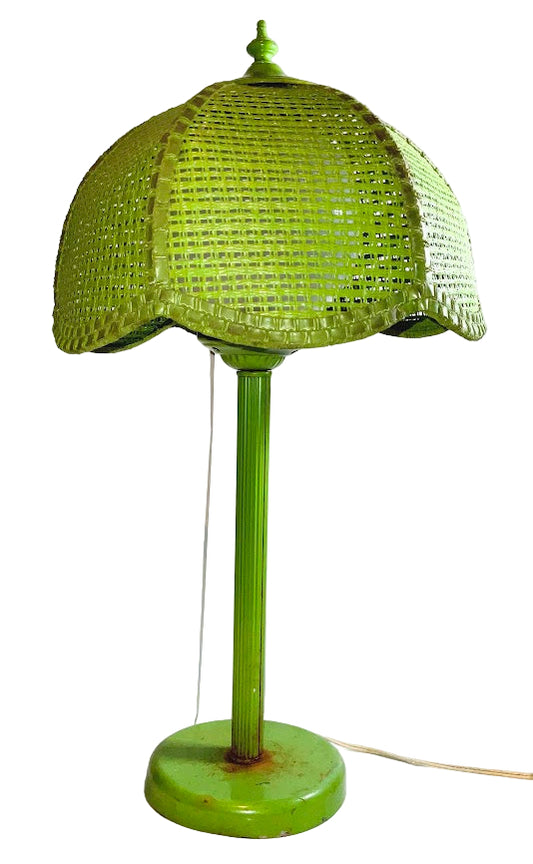 Vintage Tulip Lime Green Wicker Table-Nightstand Lamp MCM