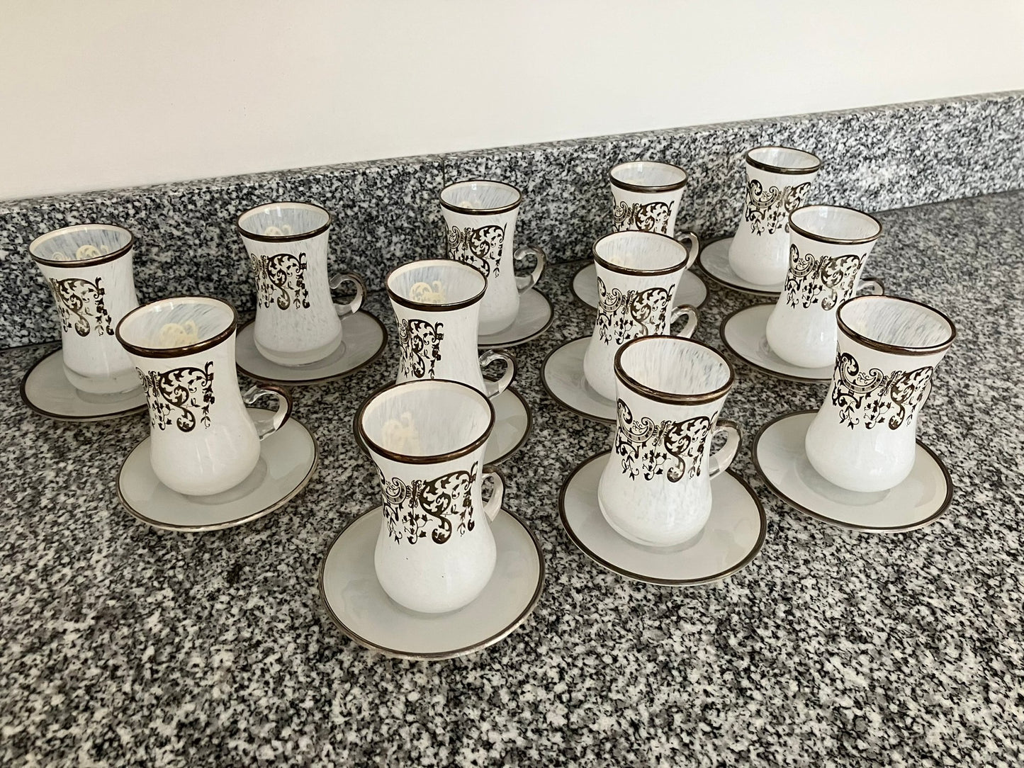 Rare magnificent Italian Silver Leaf Adorned Hand Blown Demitasse Cups By Same Cristallerie - 12 pcs