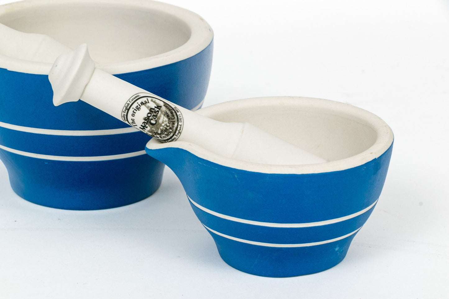 Two Unused Fine Graduated Mason Cash English Ceramic Mortars And Pestles