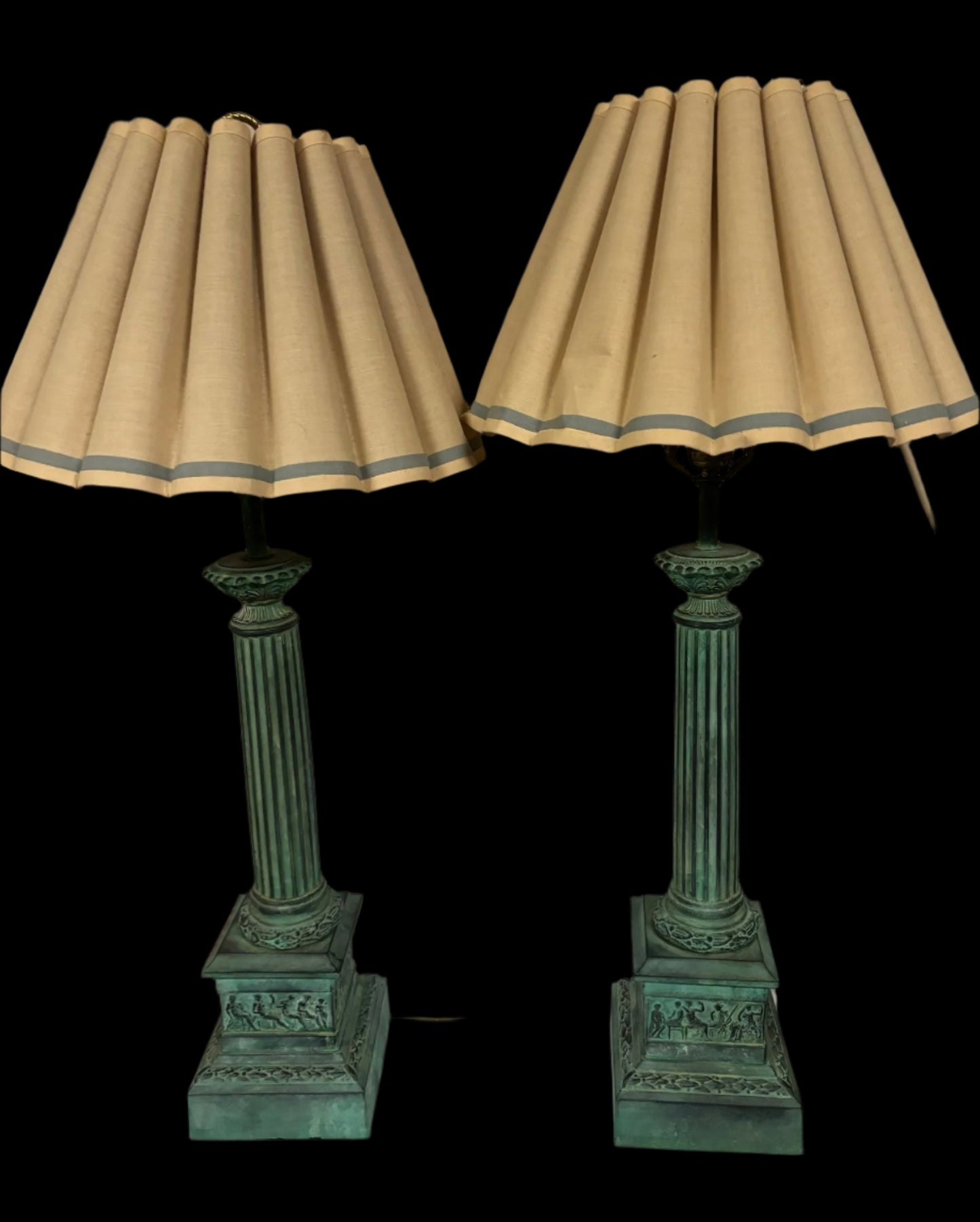 Vintage Pair Of Bronze Tall Table Lamps With Nice Shades