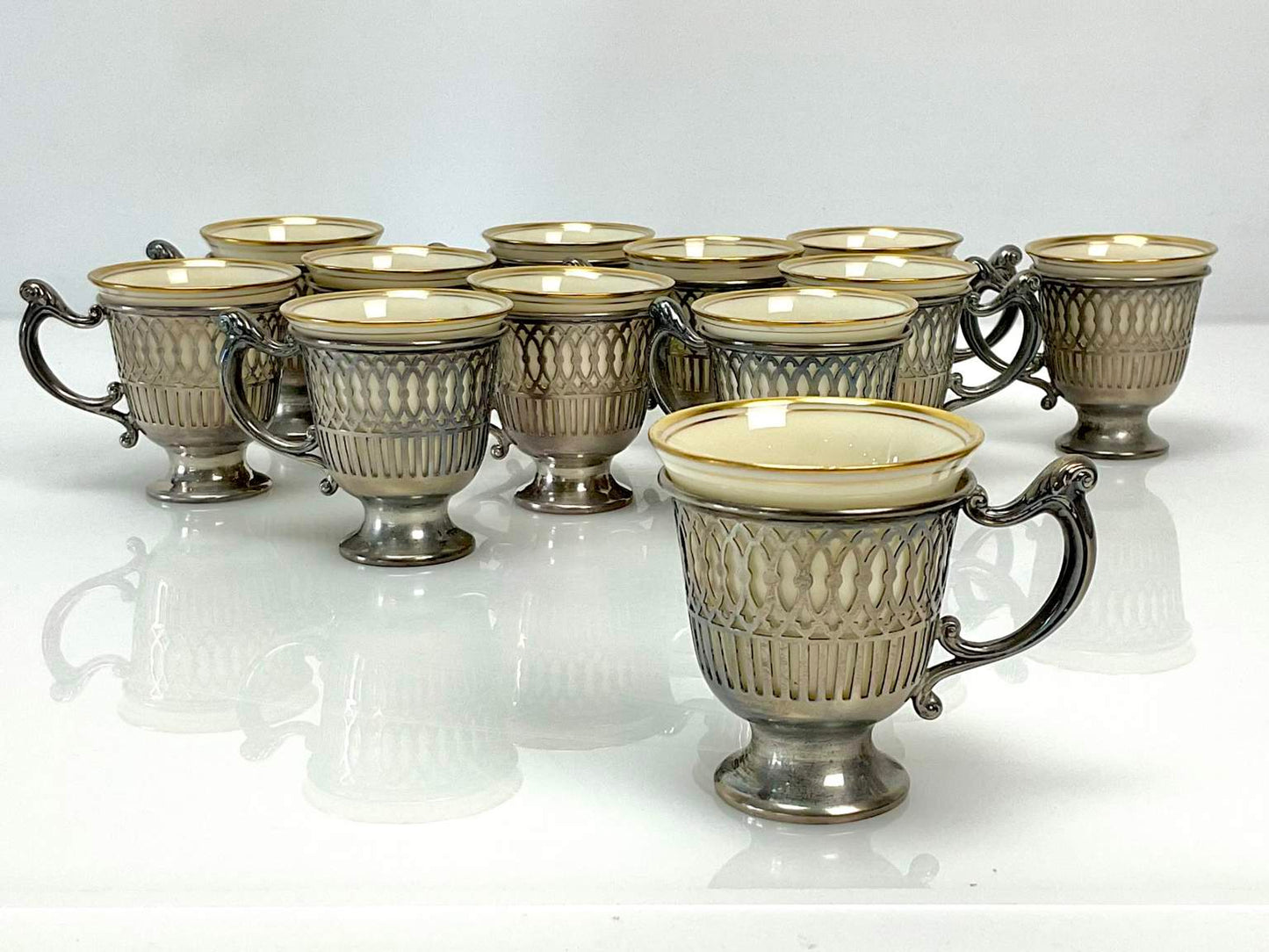 Vintage Sterling Silver Tiffany Set of Pierced Demitasse Cup with Lenox White China Liners
