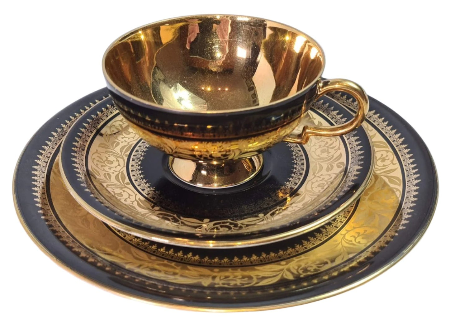 Rare RW Rudolf Wachter Bavaria Black &amp; Gold #6771 Tea Cup Saucer Trio