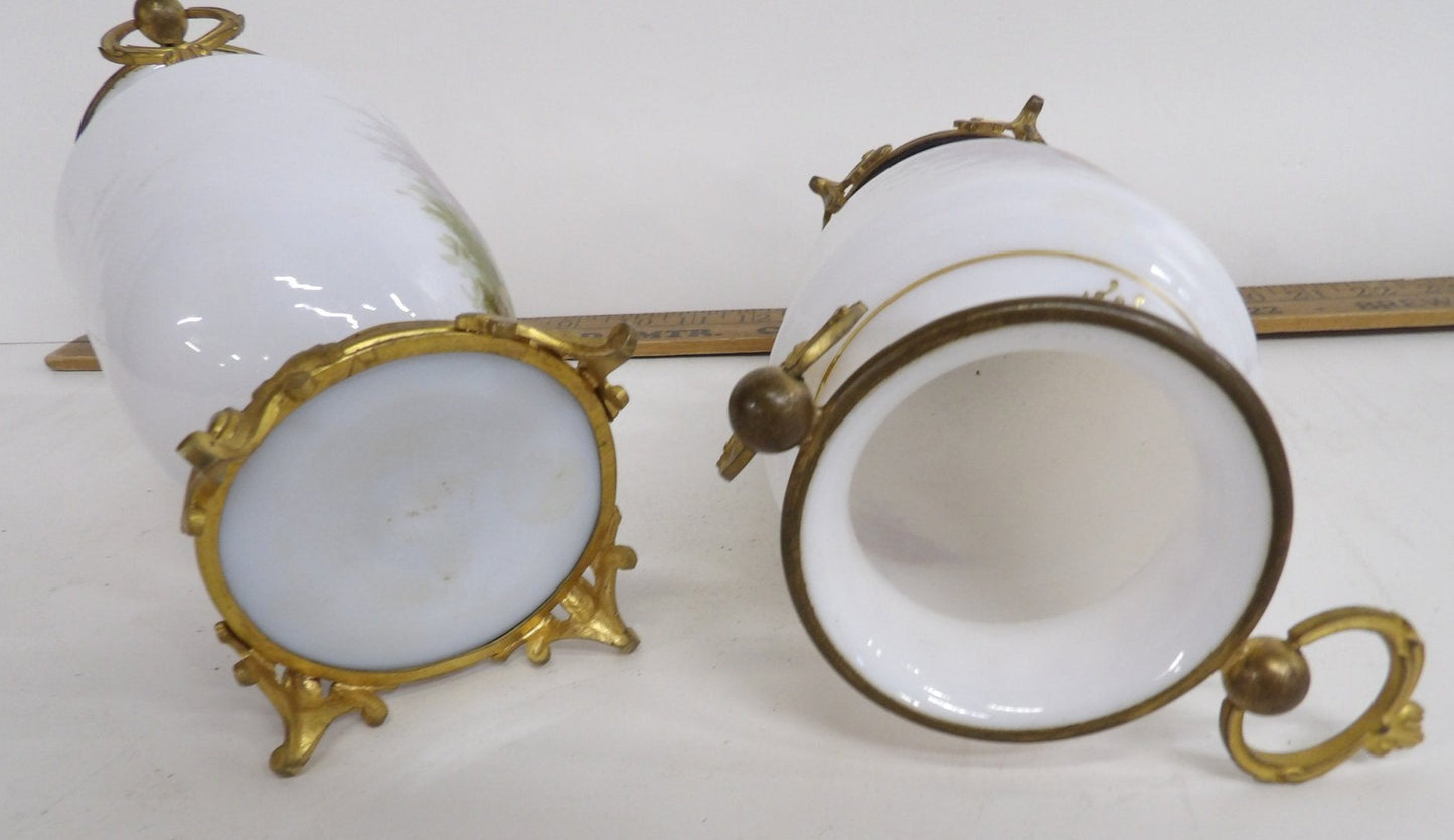 Pair French Opaline Decorated Glass Brass Mounted Vases With Hand Painted Decoration