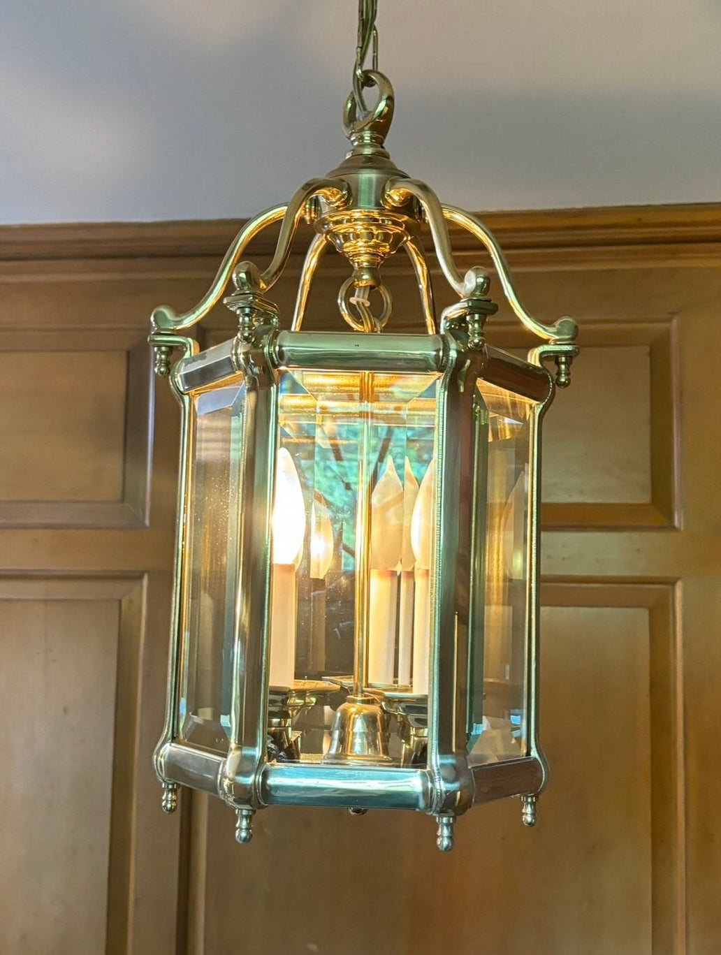 Antique Brass Hexagon Beveled Glass Hall Lantern, Late 1800 - Early 1900