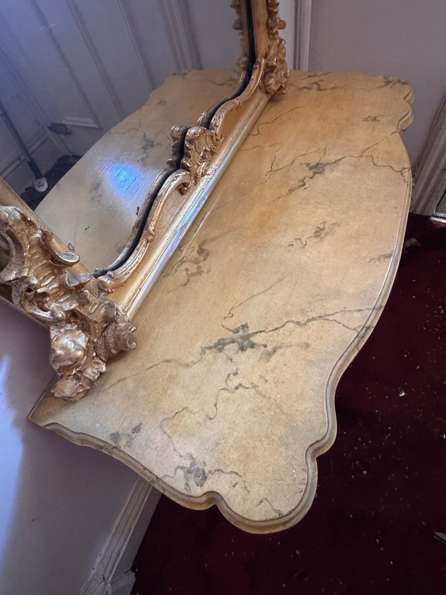 Monumental Antique French Rococo Gilt Pier Mirror With Faux Marble Top Console Shelf