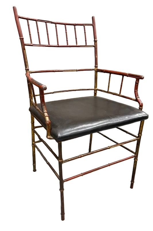 Vintage Chinese Chippendale Cast Iron Faux Bamboo Chair