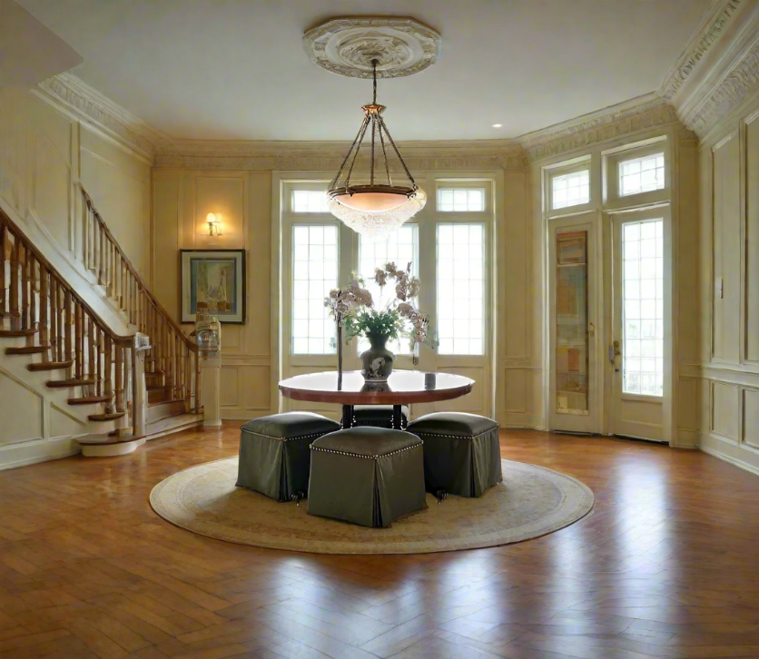 French Empire Style Imported Alabaster And Brass Chandelier With Ornate Rim And Canopy