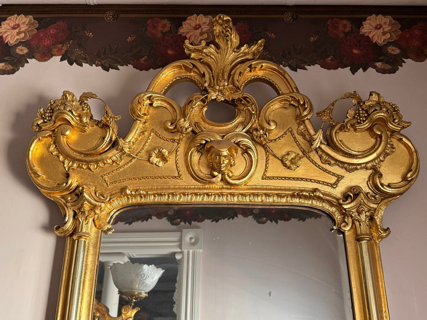 Monumental Antique French Rococo Gilt Pier Mirror With Faux Marble Top Console Shelf