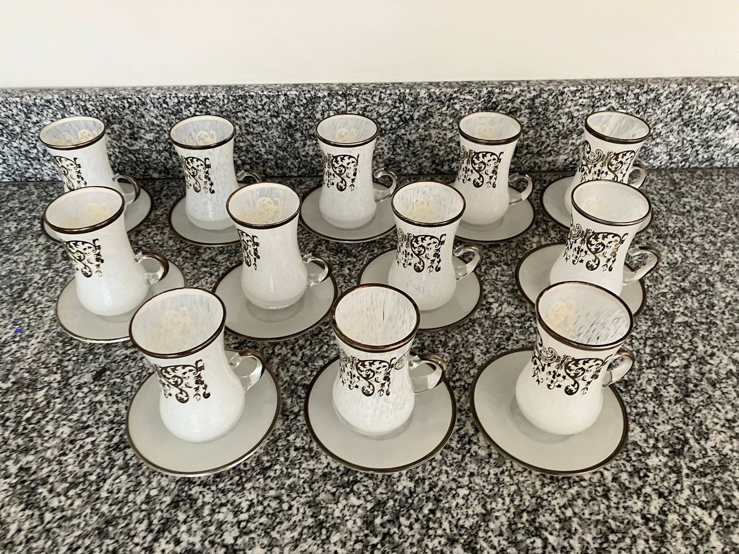 Rare magnificent Italian Silver Leaf Adorned Hand Blown Demitasse Cups By Same Cristallerie - 12 pcs
