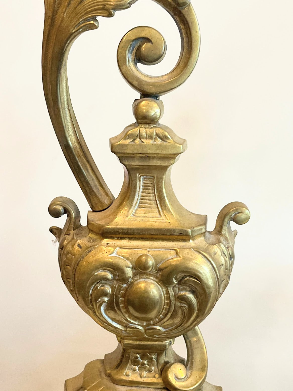 Brass Fireplace Andirons With French Ewer Style Finial Design