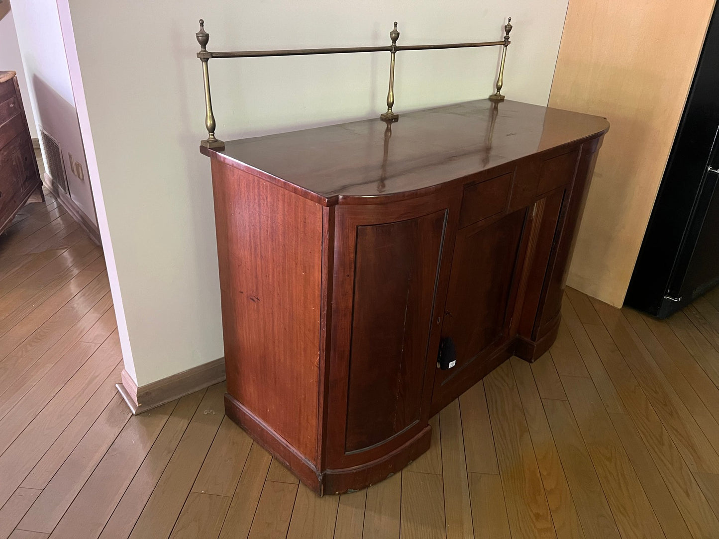 Vintage Mahogany Sideboard with high brass gallery rail and recessed center cabinet