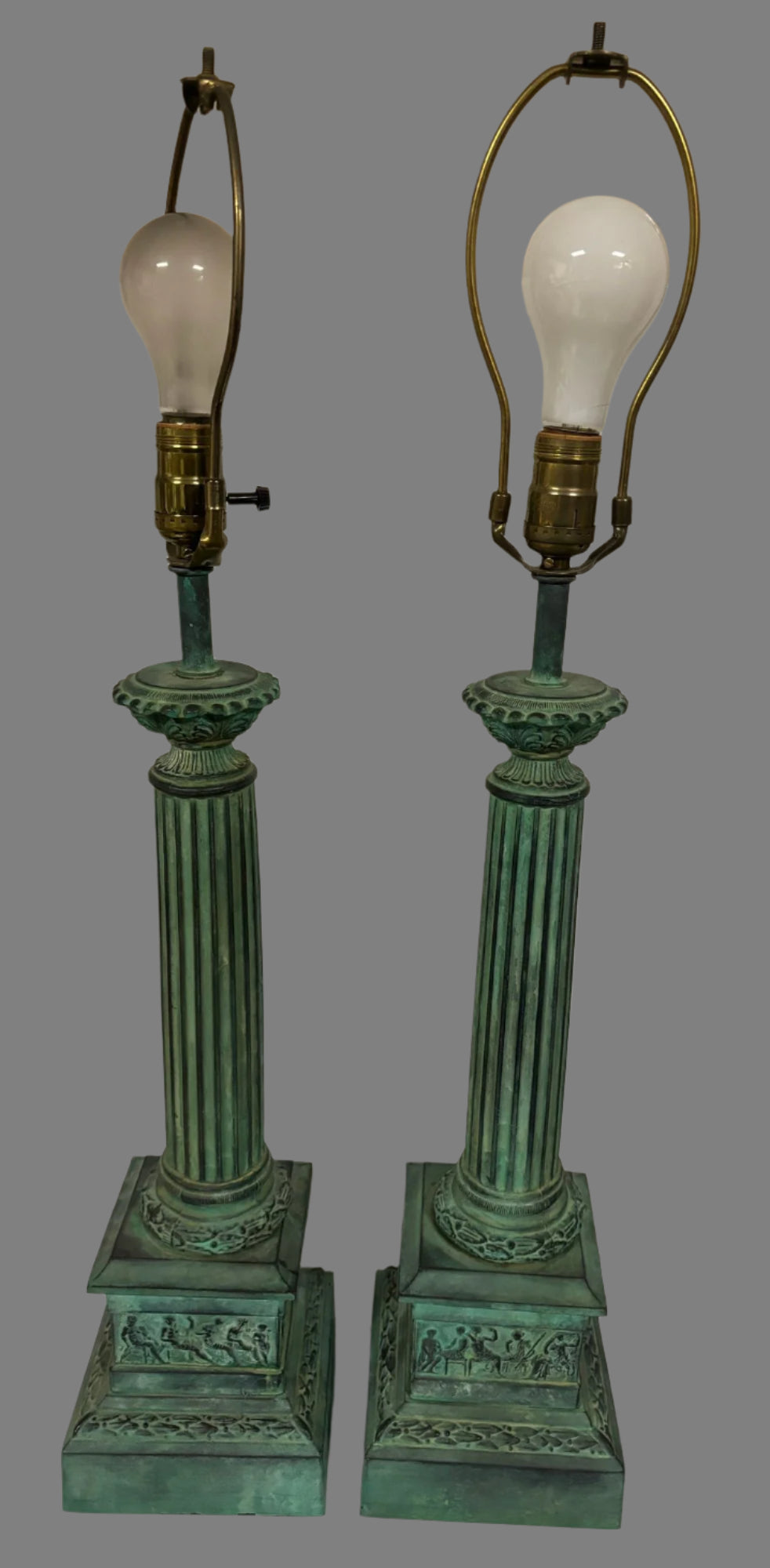 Vintage Pair Of Bronze Tall Table Lamps With Nice Shades